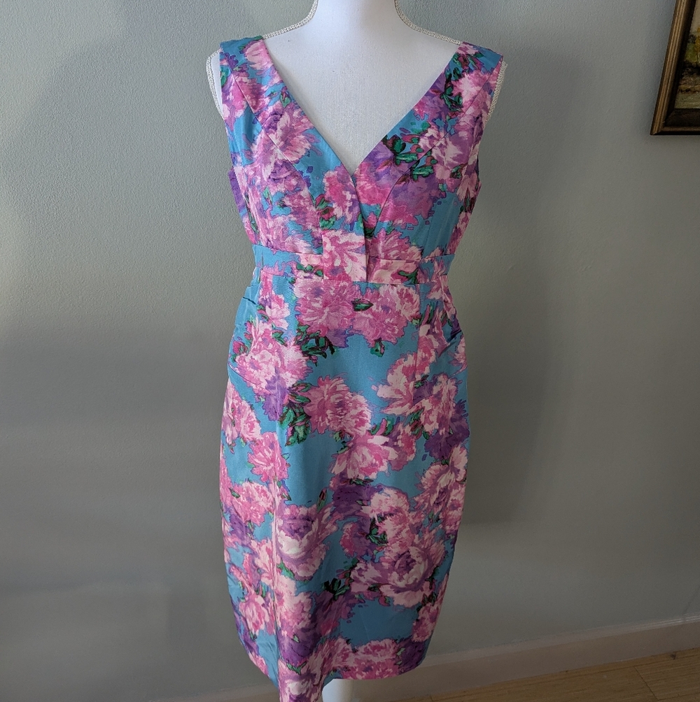 Garnet Hill Silk Floral Dress Size 6 Blue Purple Sleeveless Midi VNeck Spring157